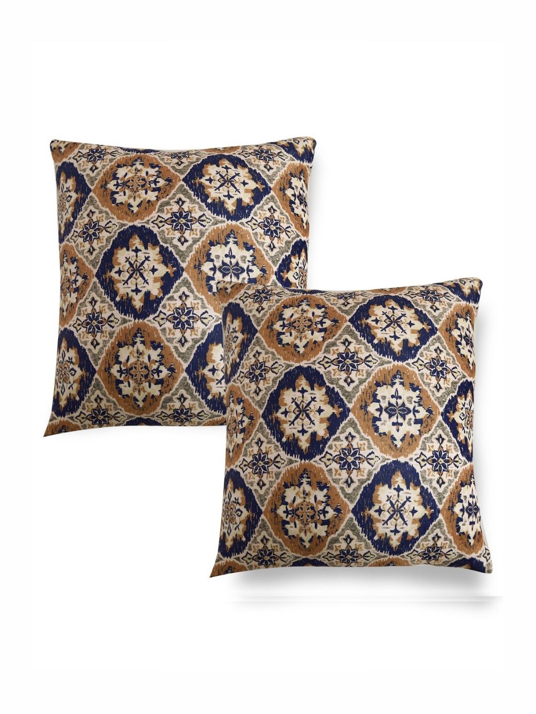 HOKIPO Navy Blue & Beige 2 Pieces Ethnic Printed Velvet Square Cushion Covers