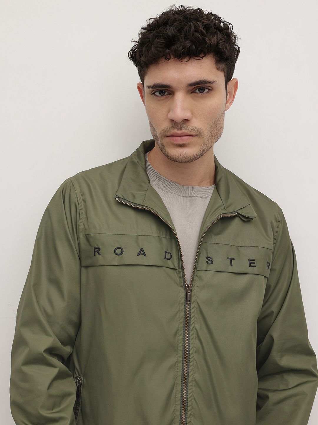 The Roadster Life Co. Typography Printed Mock Collar Bomber Jacket with Embroidered Detail