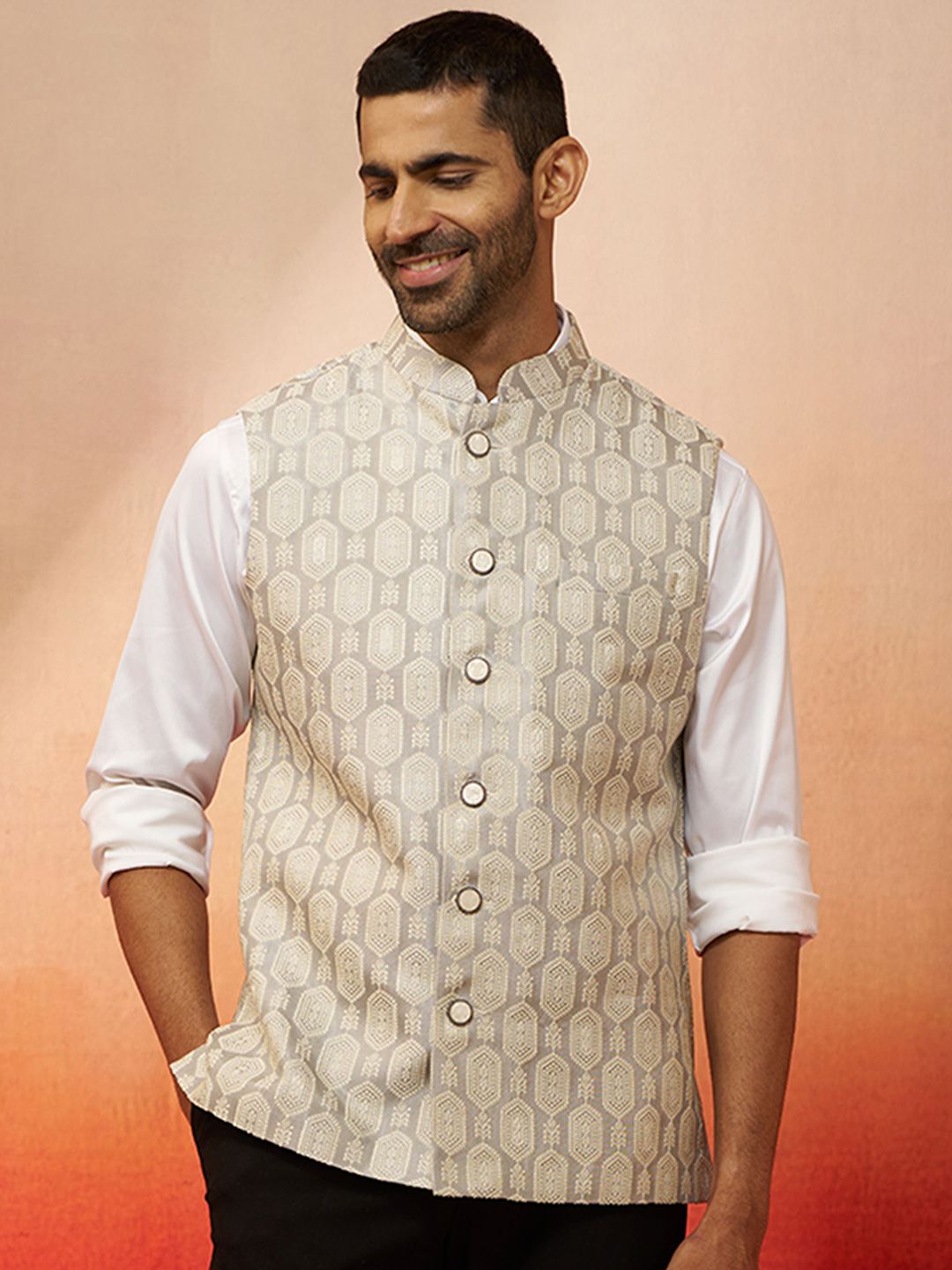 VASTRVASTRAMAYAMAY Woven Design Silk Jacquard Woven Nehru Jacket