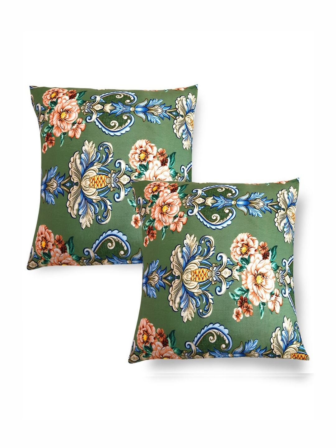 HOKIPO Green & Blue 2 Pieces Floral Velvet Square Cushion Covers