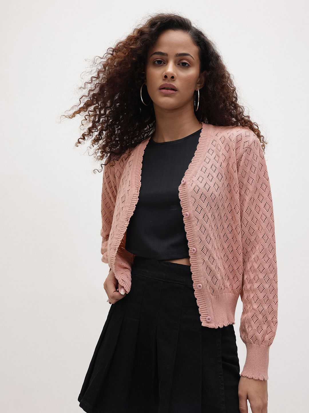 The Roadster Life Co. Open-Knit V-Neck Button-Down Cardigan