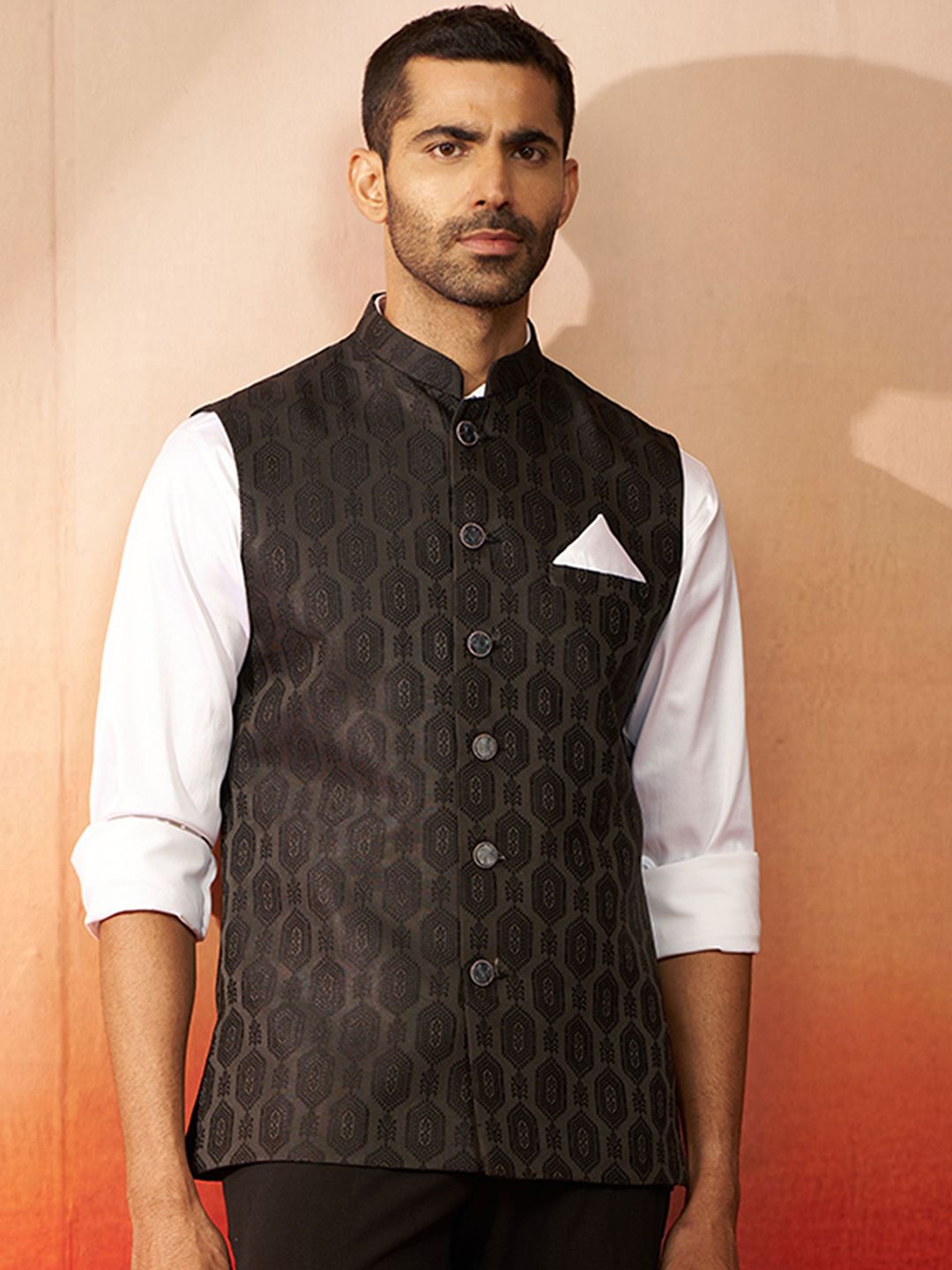 VASTRAMAY Woven Design Mandarin Collar Nehru Jacket