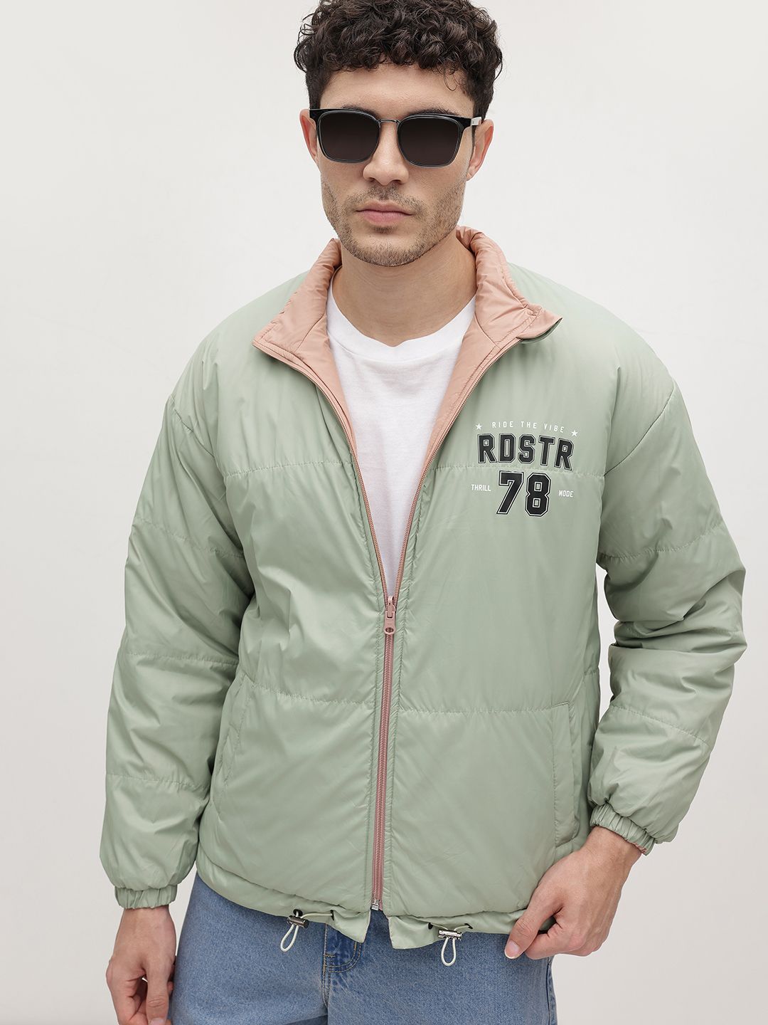 The Roadster Lifestyle Co. Typography Detail Mock Collar Reversible Padded Jacket