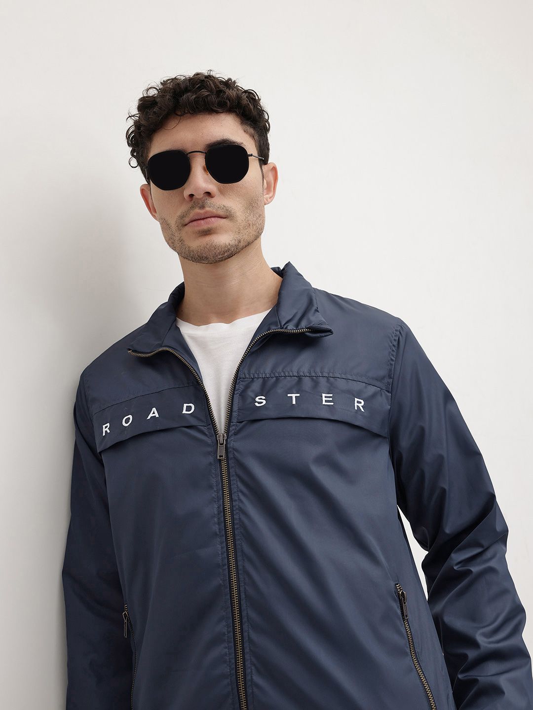The Roadster Life Co. Typography Printed Mock Collar Bomber Jacket with Embroidered Detail