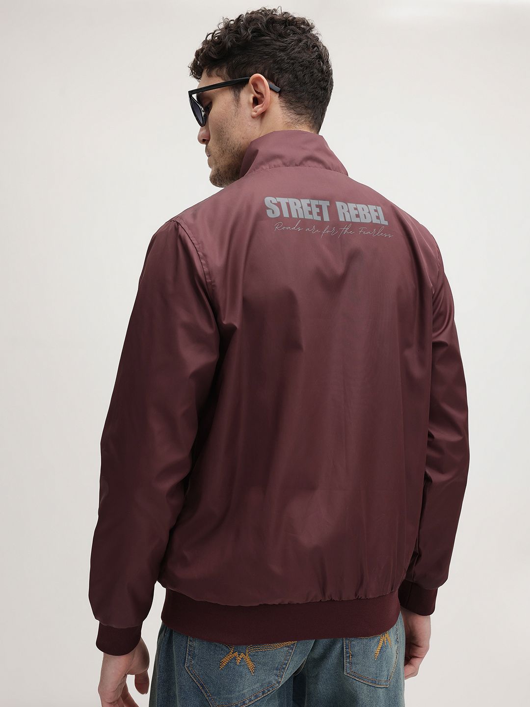 The Roadster Life Co. Typography Printed Mock Collar Bomber Jacket with Embroidered Detail