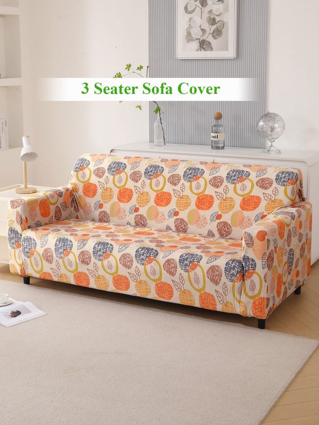 HOKIPO Autumn Leaves Coral & Red Printed Velvet 3 Seater Sofa Cover With Arms