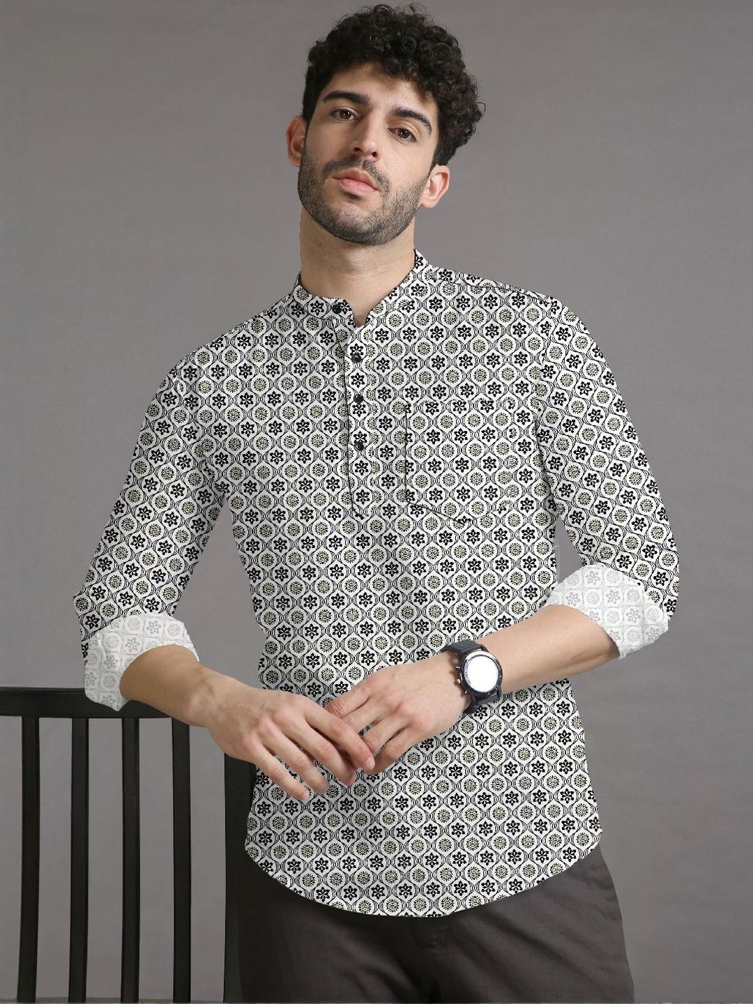 Eleni Trendz Men Digital Printed Mandarin Collar Shirt Style Kurta