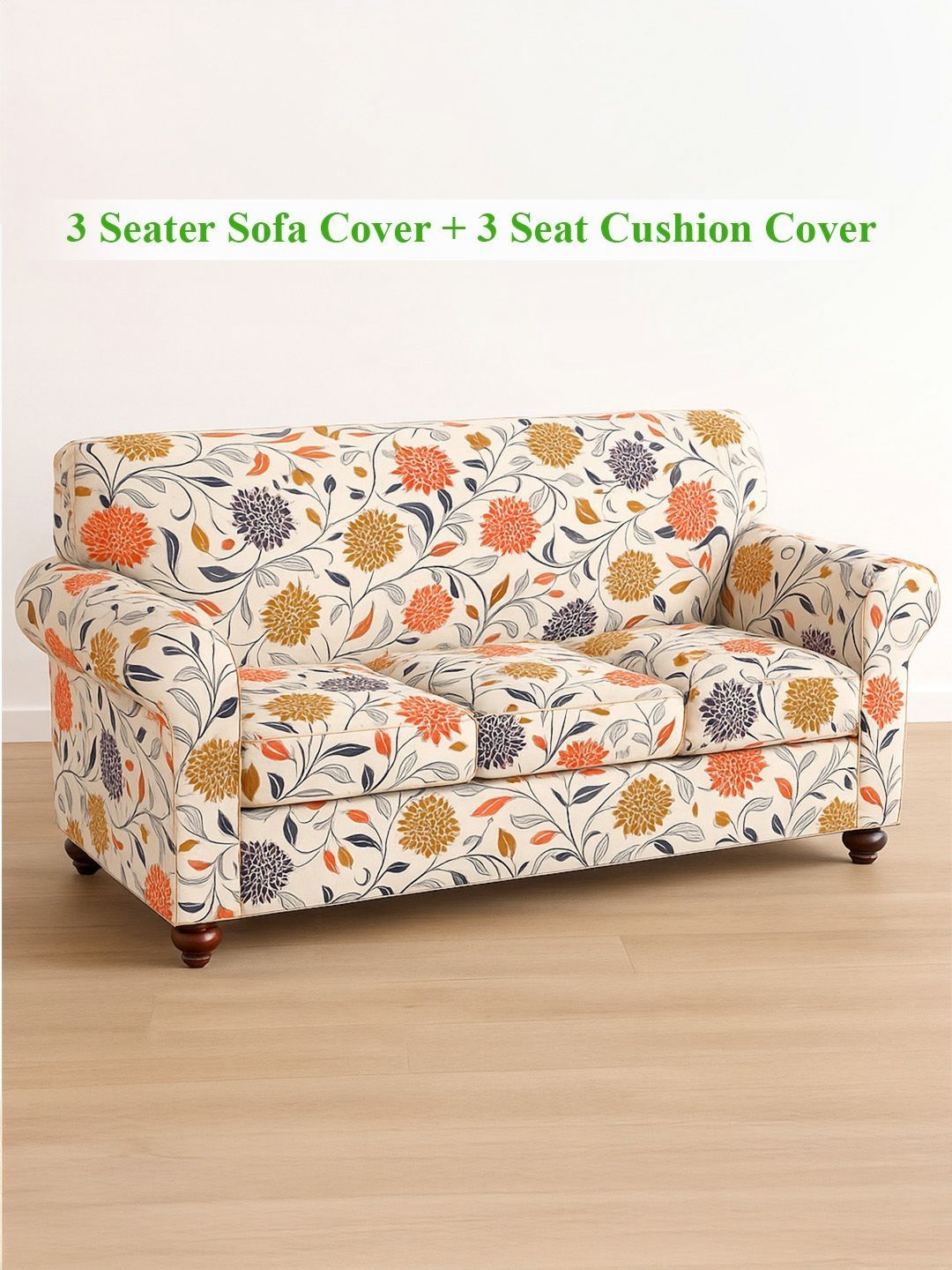 HOKIPO Sunset Botanical Bloom Orange 4 Pieces Printed 3 Seater Sofa Cover With Arms