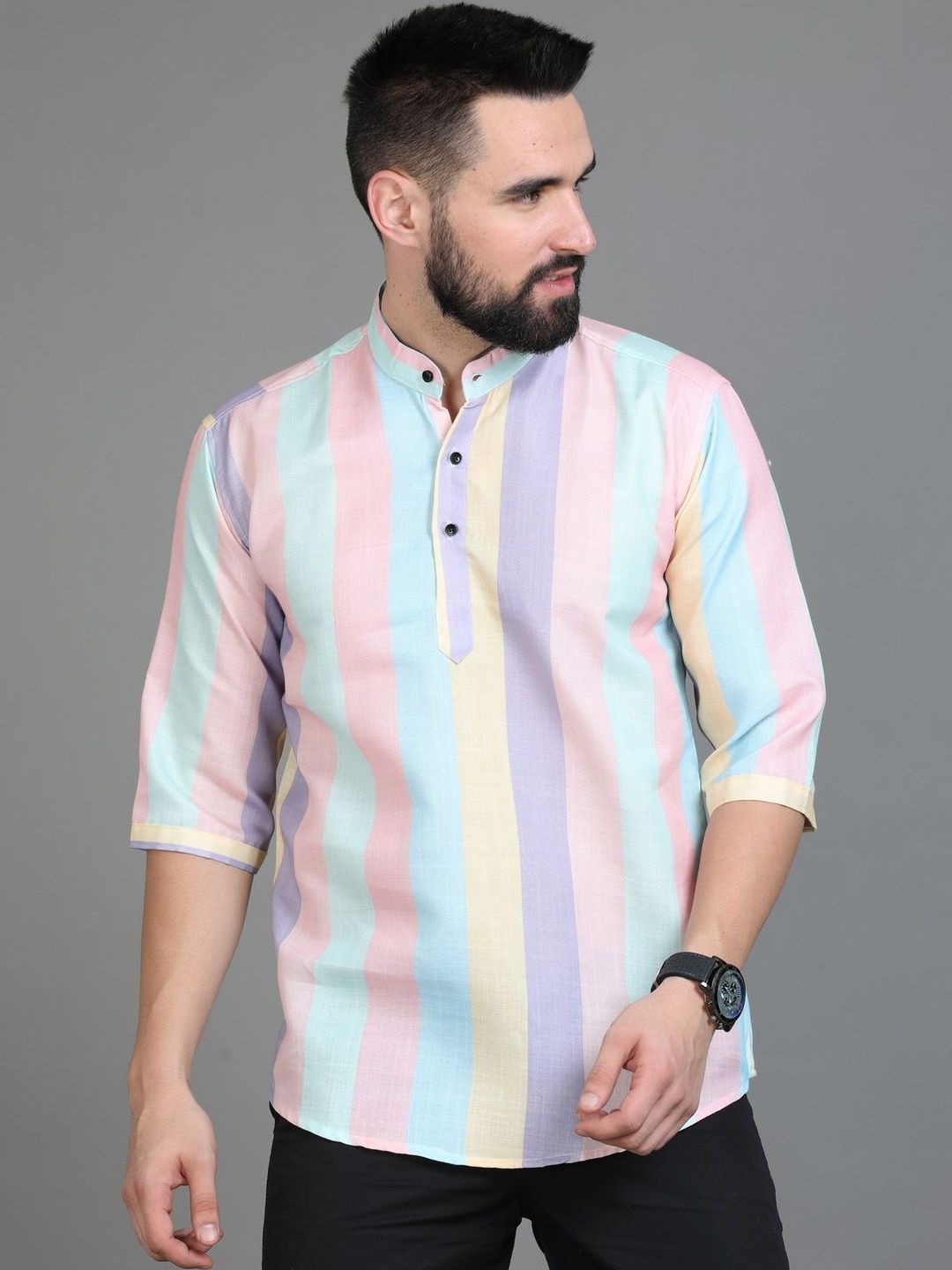 Eleni Trendz Men Digital Printed Mandarin Collar Shirt Style Kurta