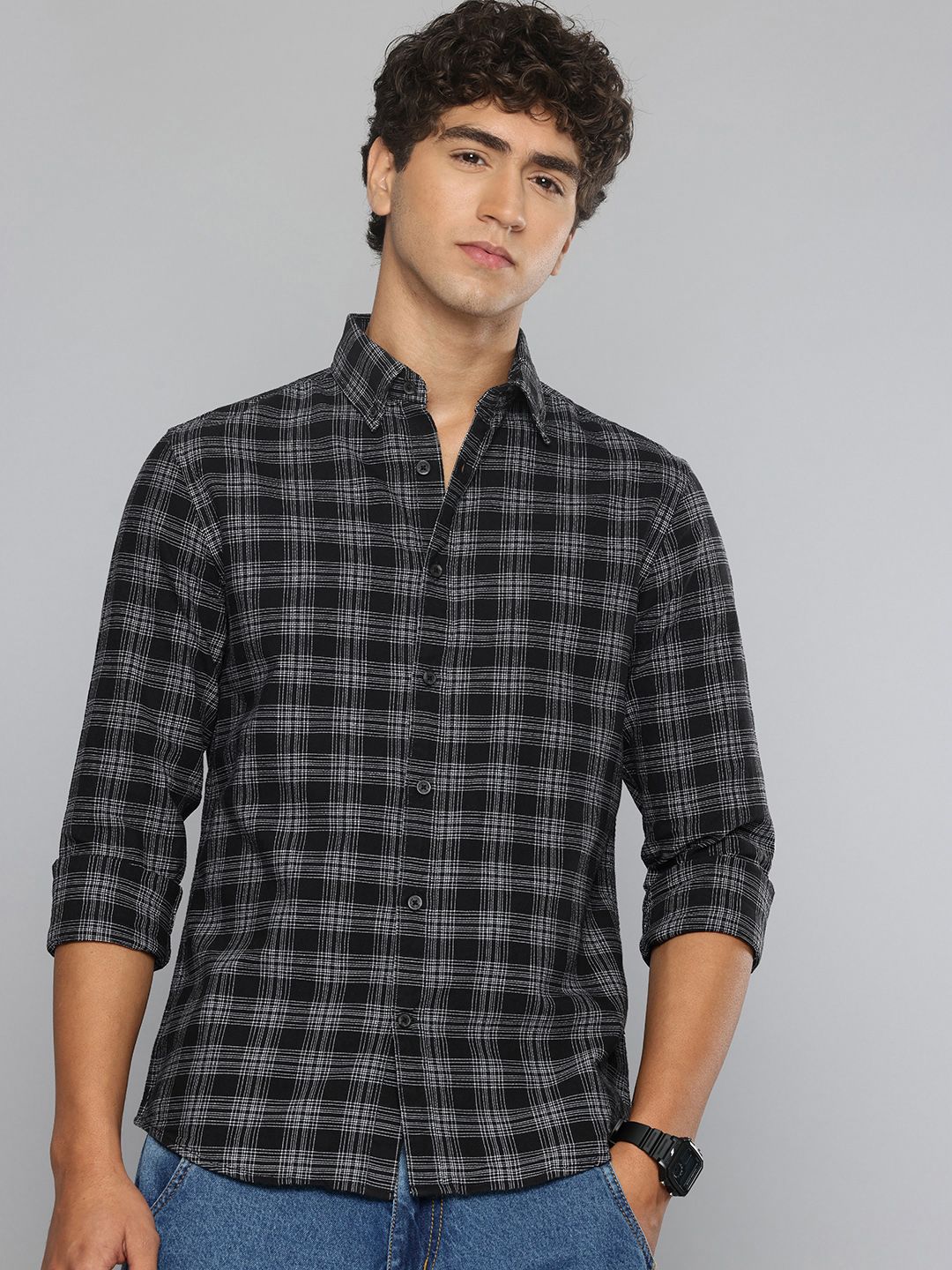 Flying Machine Slim Fit Checked Button-Down Collar Pure Cotton Casual Shirt