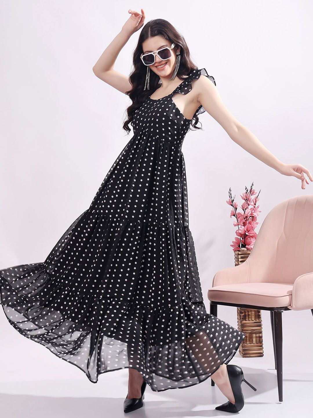 ワンピース Tiered Polka-Dot Long Dress black M Buy R.Code by The Roadster Life Co. Women Polka Dot Tiered Fit