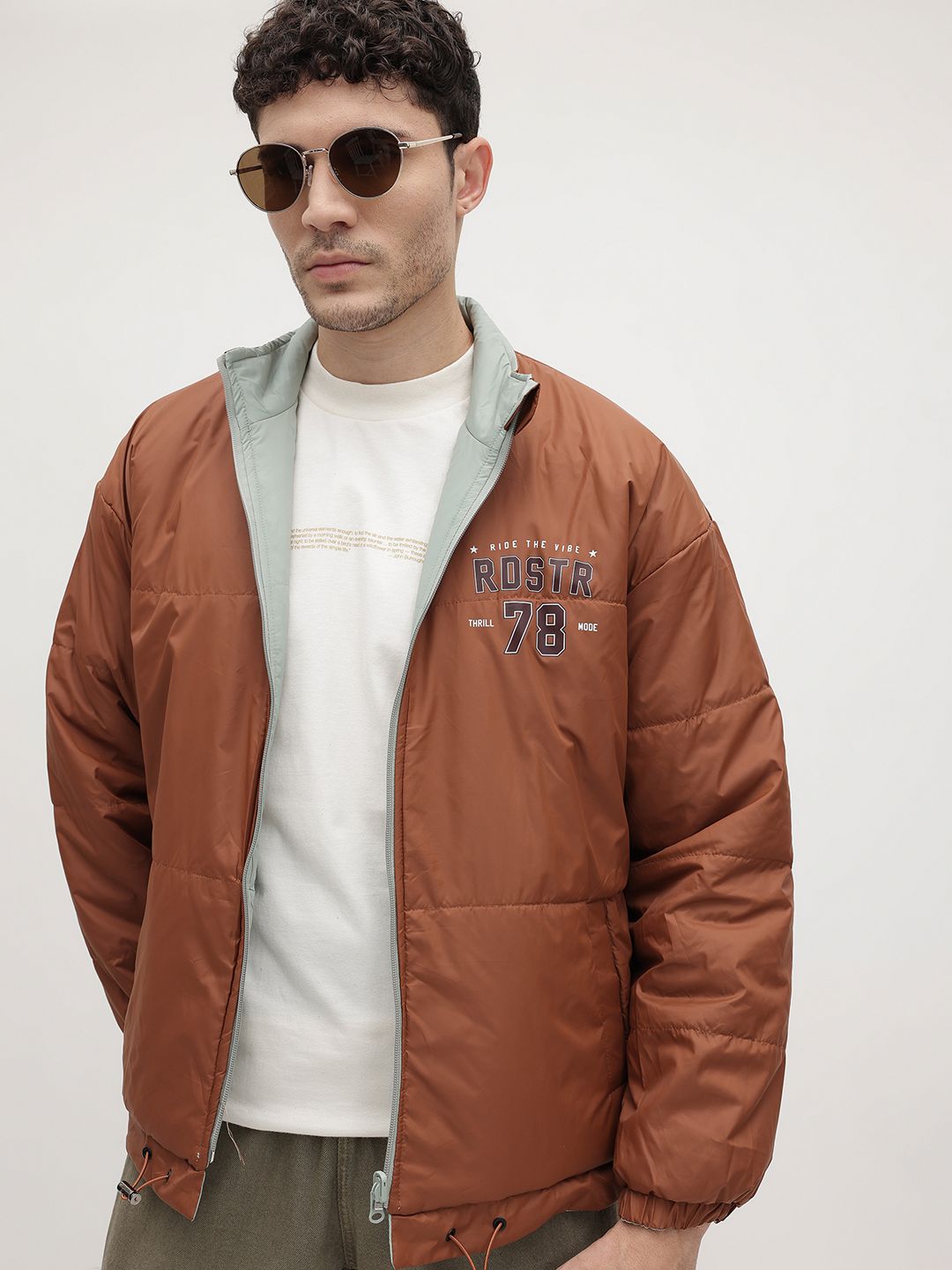 The Roadster Lifestyle Co. Typography Detail Mock Collar Reversible Padded Jacket