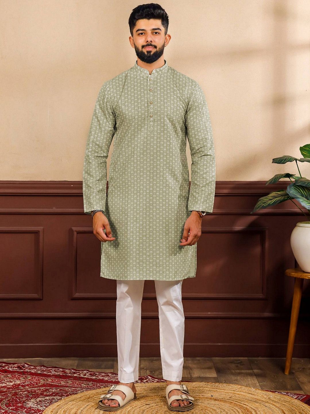 Koshin Koshin Ethnic Motifs Printed Mandarin Collar Kurta With Pyjamas