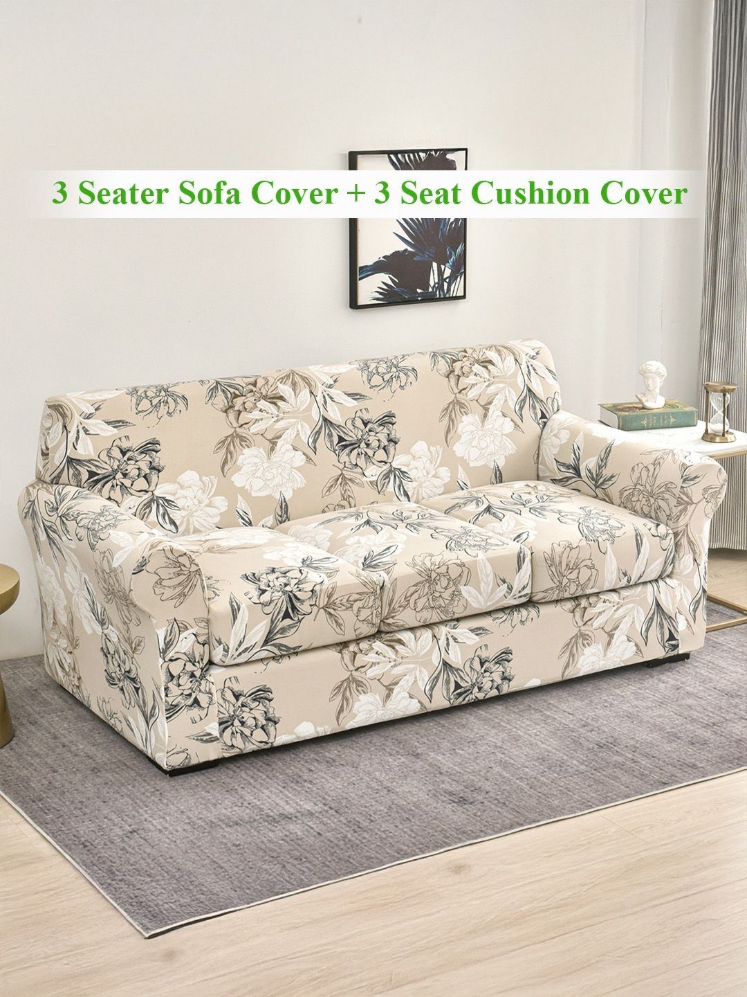 HOKIPO Beige & Black 4 Pieces Printed 3 Seater Sofa Covers With Arms