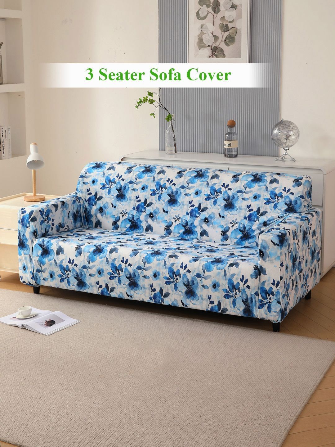 HOKIPO Blue & White Floral Printed Velvet 3 Seater Sofa Cover With Arms