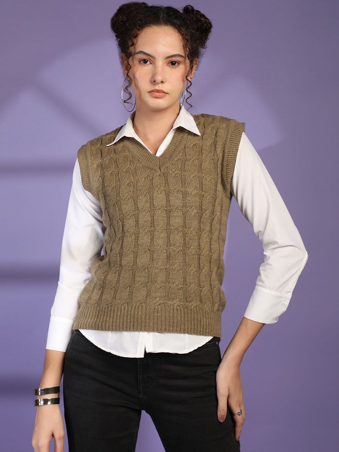 Buy Roadster Women Brown V-Neck Woolen Sleeveless Cable-Knit