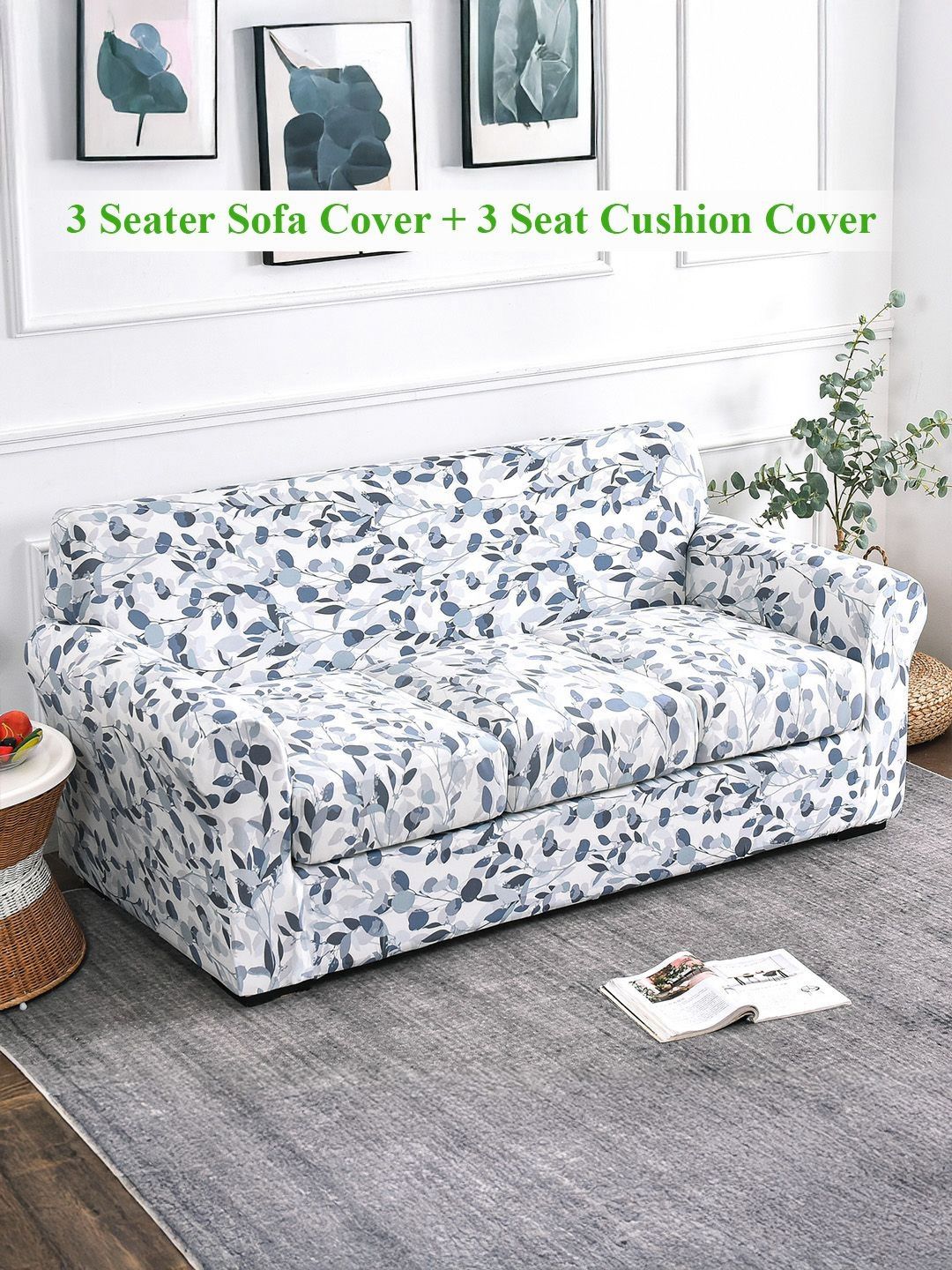 HOKIPO Frost Blue Foliage Blue & White 4 Pieces Printed 3 Seater Sofa Cover With Arms