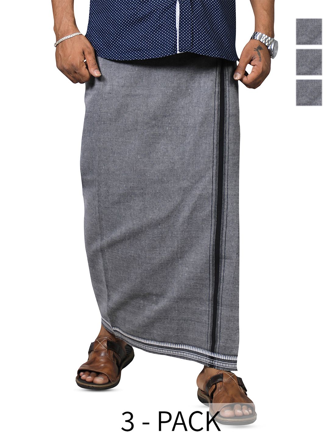 PRAKASAM COTTON Men Selection Of 3 Thalapathi Border Dhoties - 2mtr