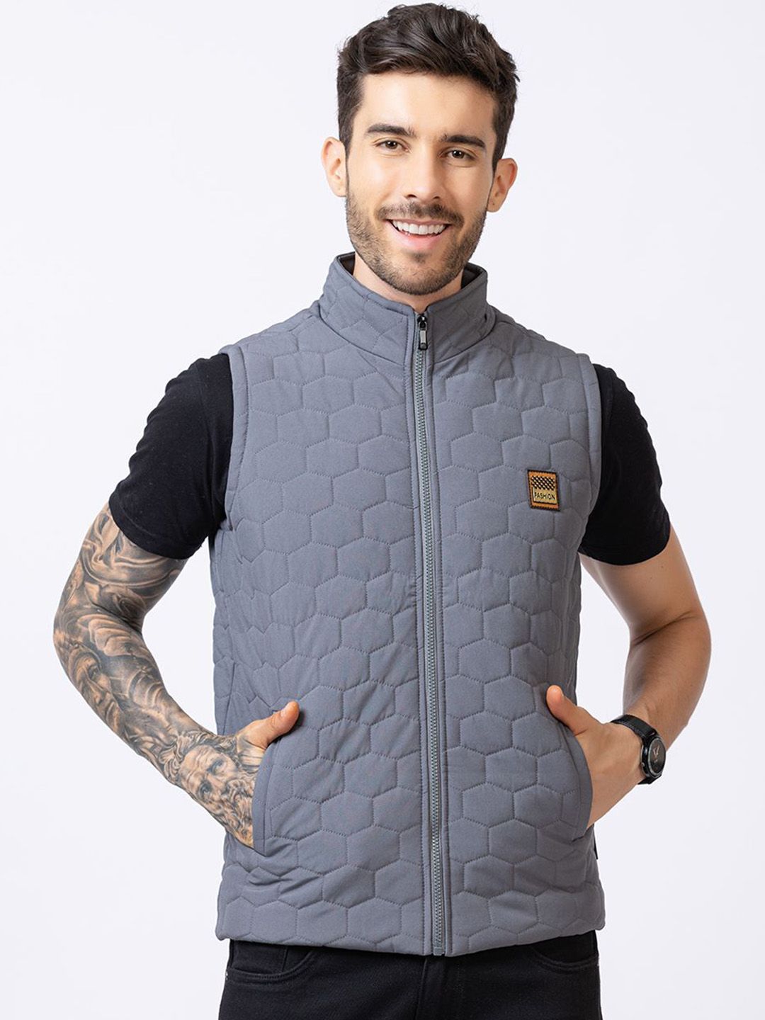 STYLOPLEX Men Stand Collar Self Design Lightweight Gilet Jacket