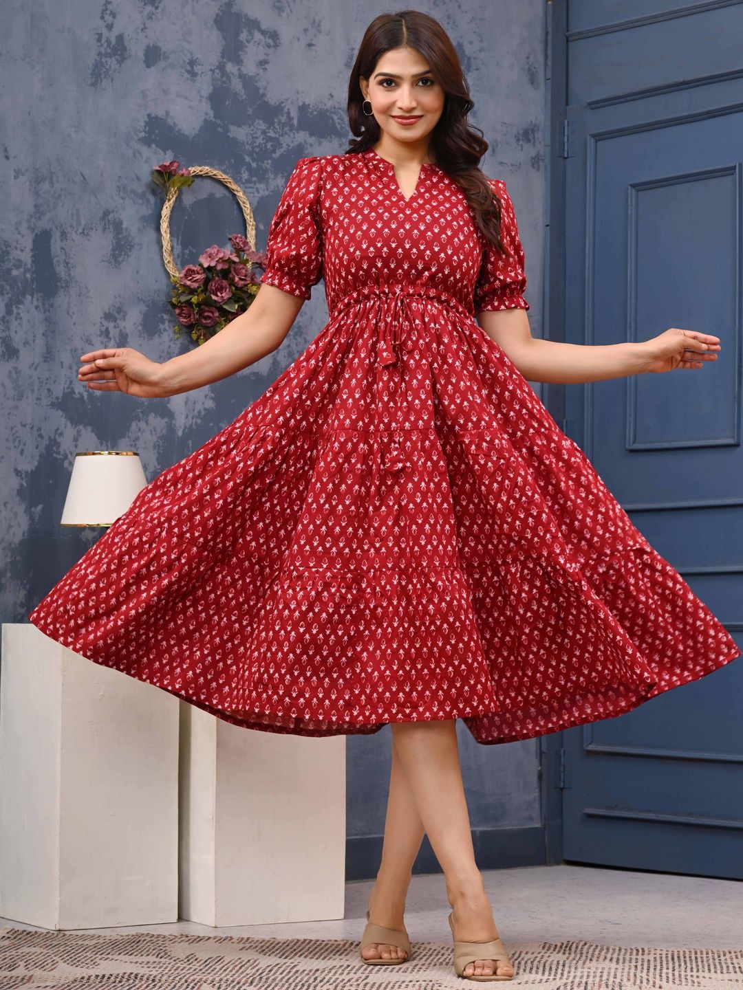 LABEL ADRIJA Women Red Printed Organic Cotton Fit and Flare Dresses