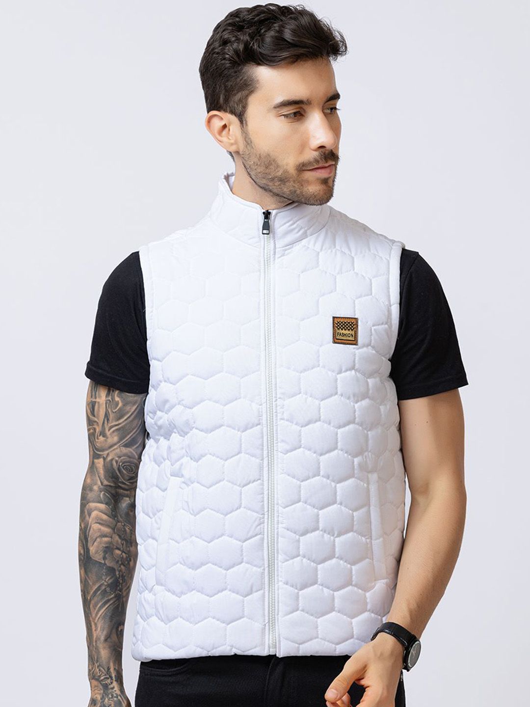 STYLOPLEX Men Stand Collar Self Design Lightweight Gilet Jacket