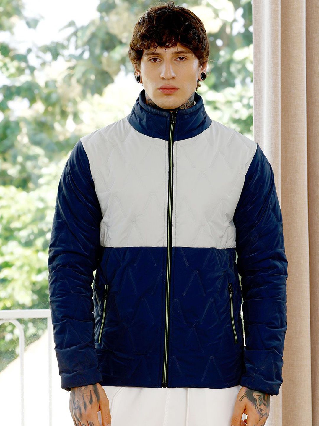 CAHOOT Men Stand Collar Colourblocked Self Design Lightweight Puffer Jacket