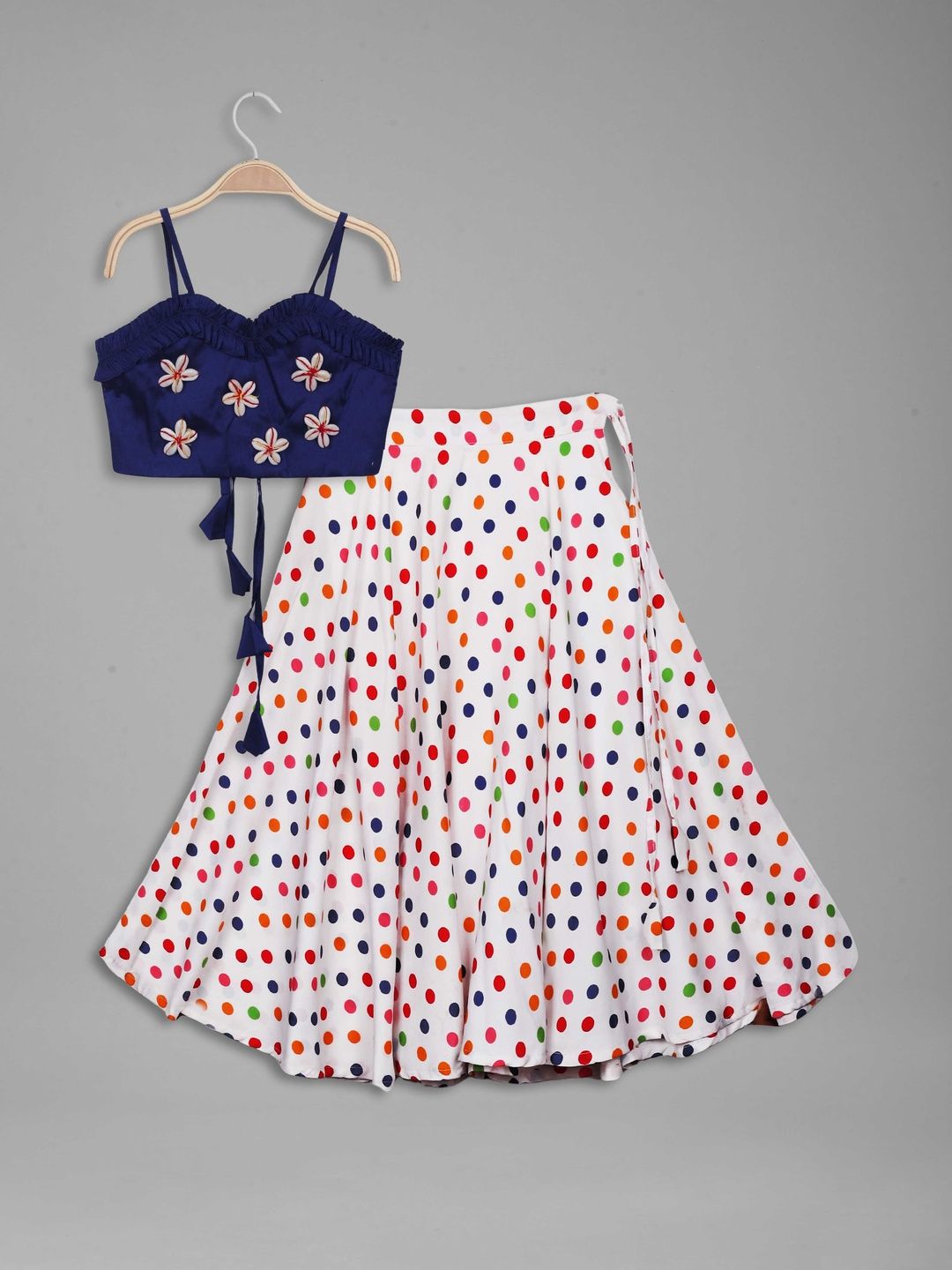 IRSIA Girls Strap Sleeves Patchwork Crop Top With Polka Dot Lehenga Set