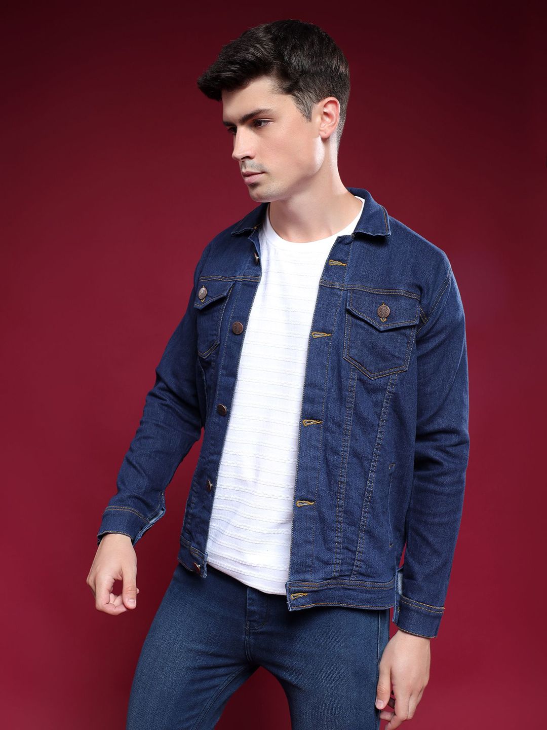 LINARIA Men Spread Collar Solid Denim Jacket