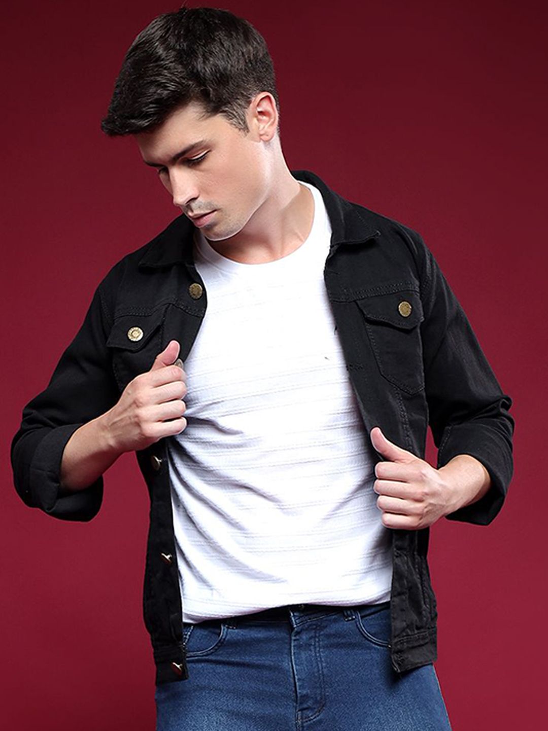 LINARIA Men Spread Collar Solid Denim Jacket