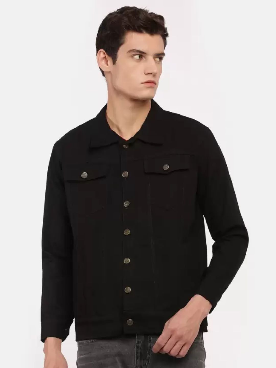LINARIA Men Spread Collar Solid Cotton Denim Jacket