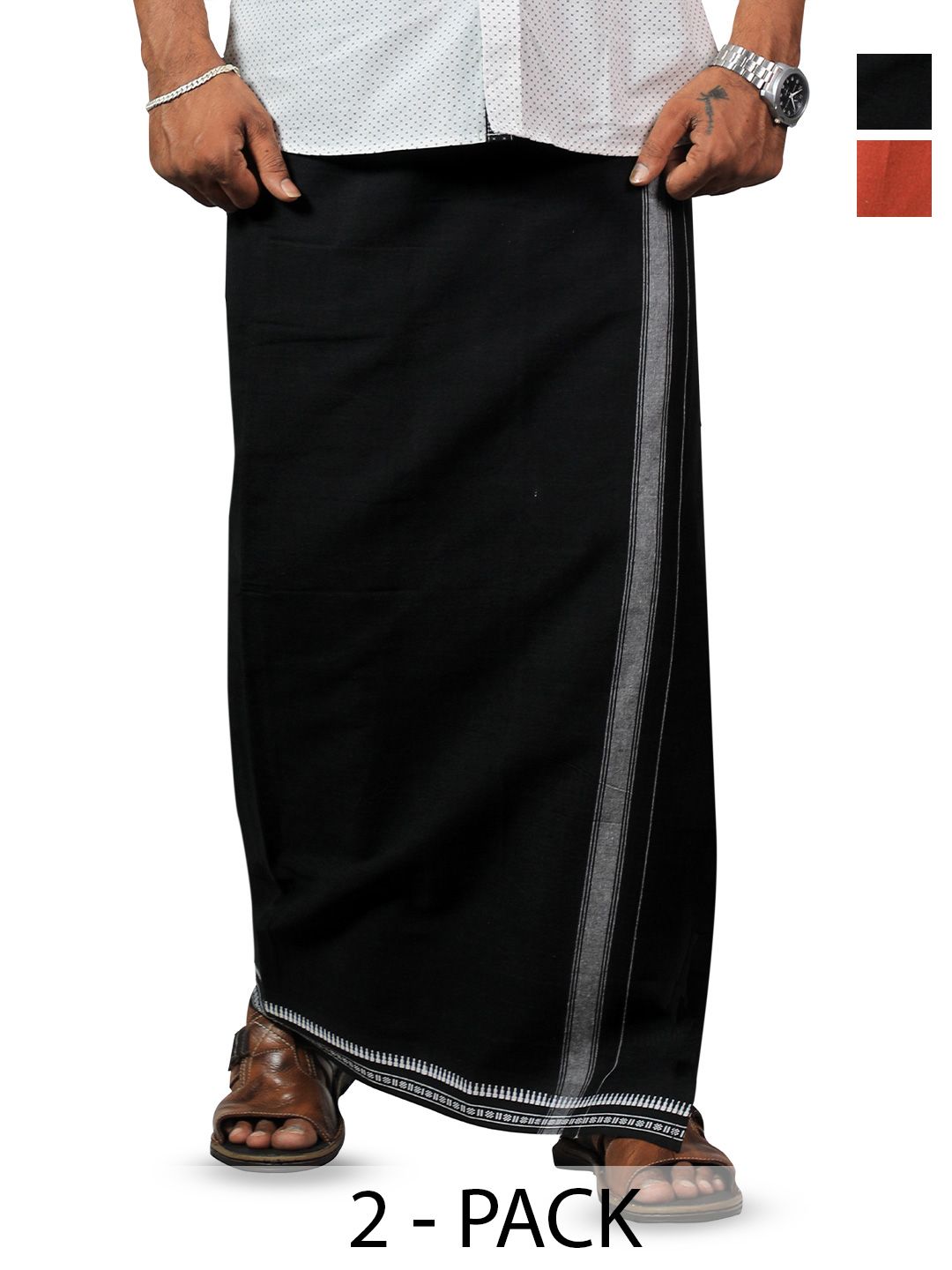 PRAKASAM COTTON Men Selection Of 2 Kerala Style Thalapathi Border Dhoti - 2 mtr