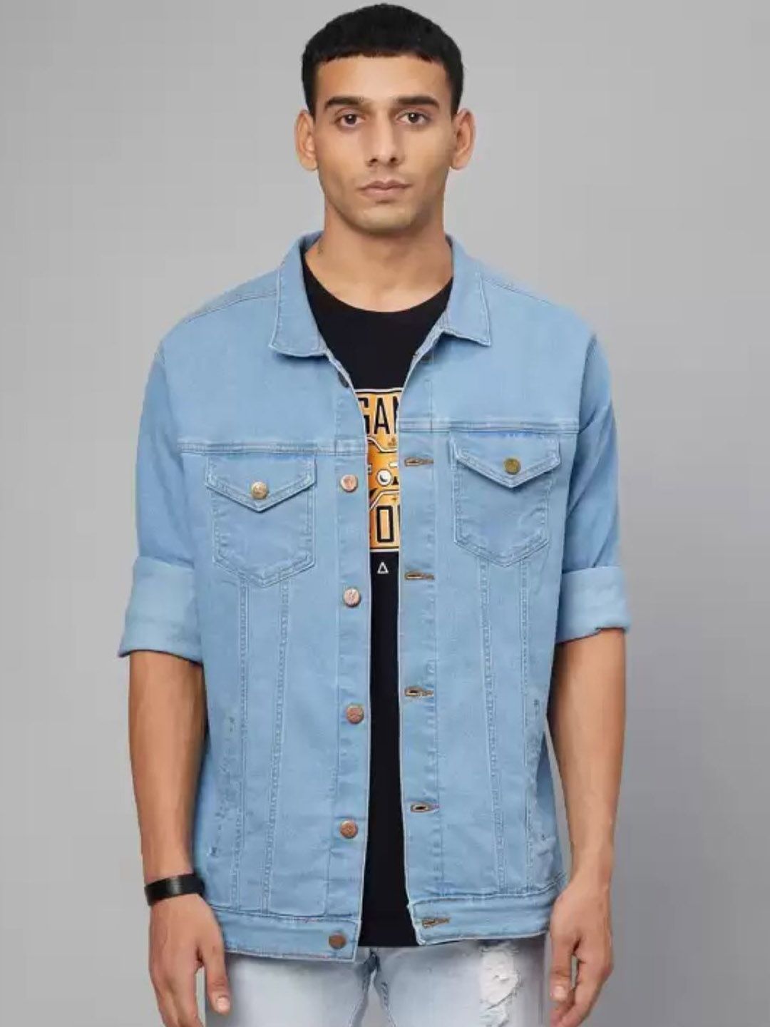 LINARIA Men Spread Collar Solid Denim Jacket