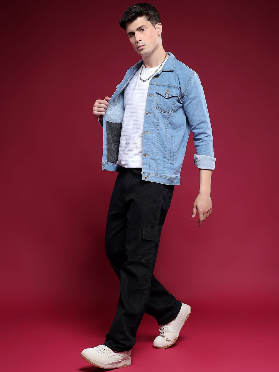 LINARIA Men Spread Collar Solid Denim Jacket