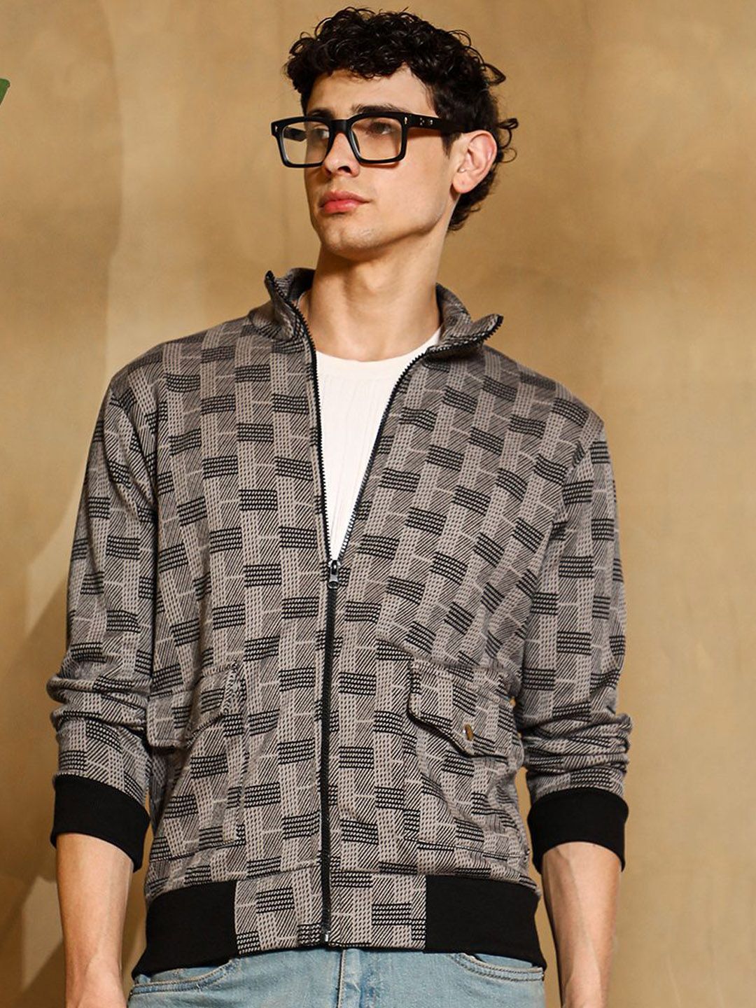 CAHOOT Men Stand Collar Geometric Printed Lightweight Cotton Open Front Jacket