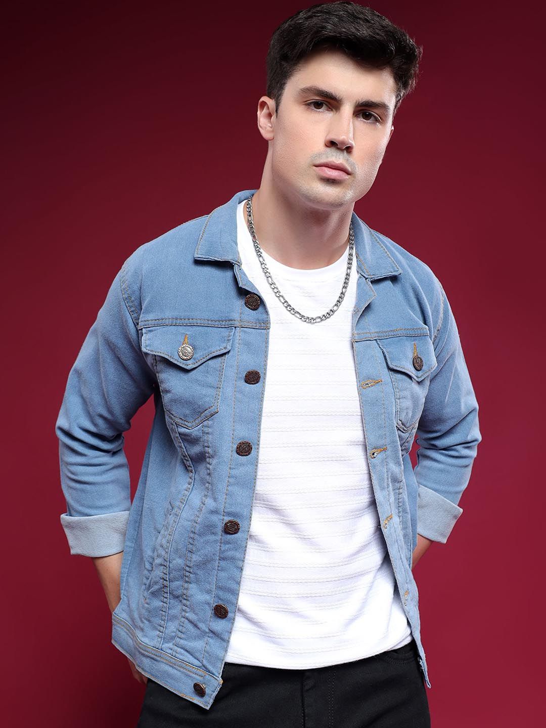 LINARIA Men Spread Collar Solid Denim Jacket