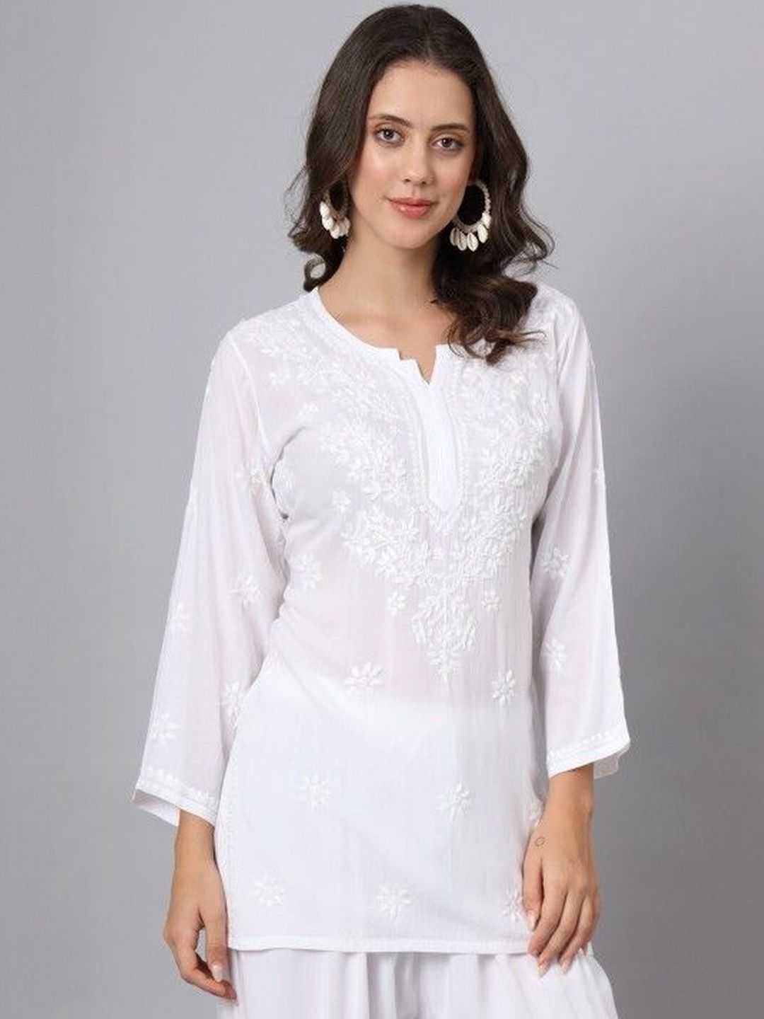 MALABIS Women White Embroidered Rayon Short Chikankari Top