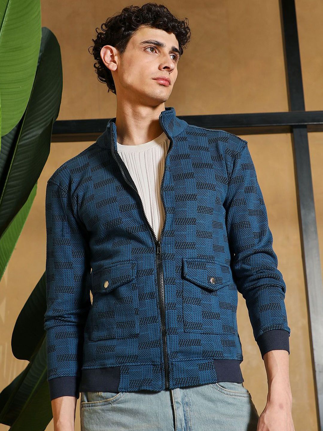 CAHOOT Men Stand Collar Geometric Printed Lightweight Cotton Bomber Jacket
