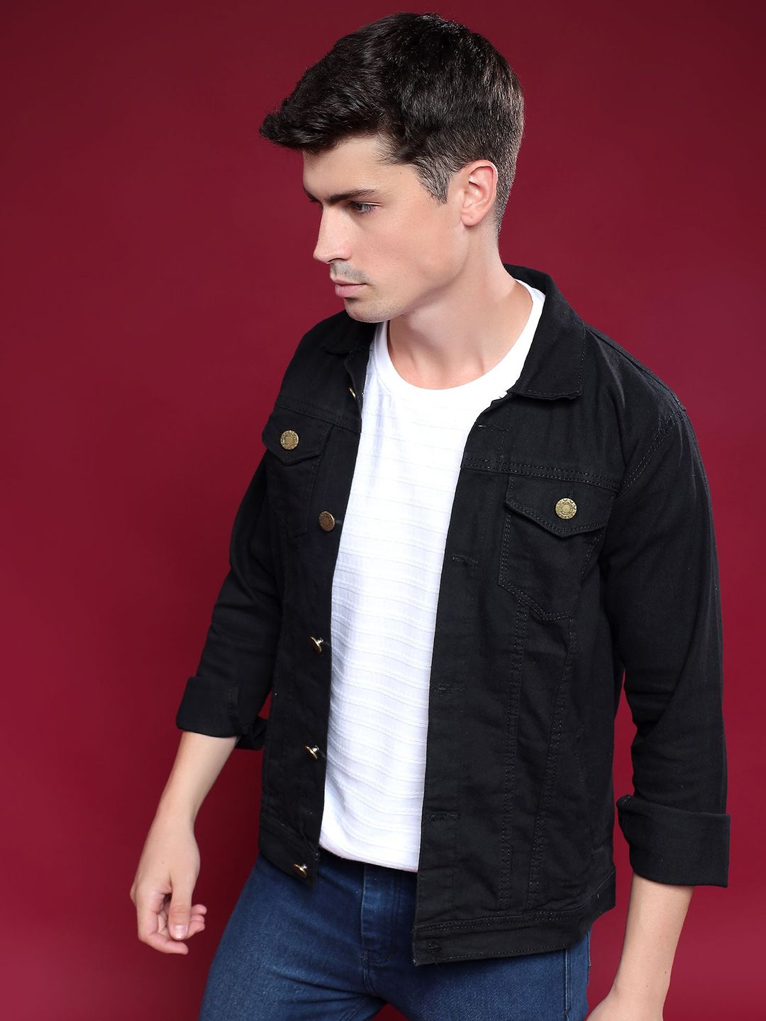 LINARIA Men Spread Collar Solid Denim Jacket