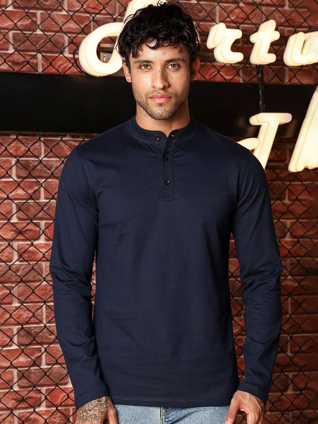 ONE SKY ONE SKY Men Solid Henley Neck Pure Cotton T-shirt