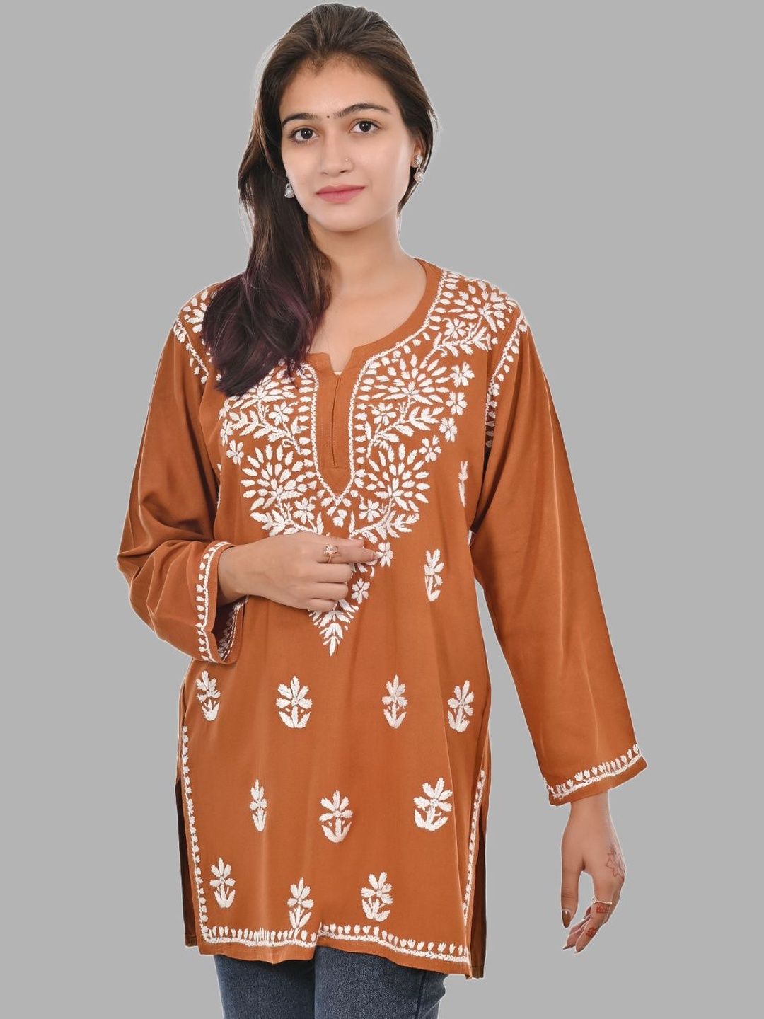 MALABIS Women Mustard Rayon Short Chikankari Top