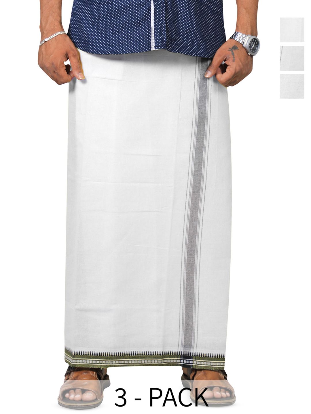 PRAKASAM COTTON Men Selection Of 3 Thalapathi Border Dhoties - 2mtr