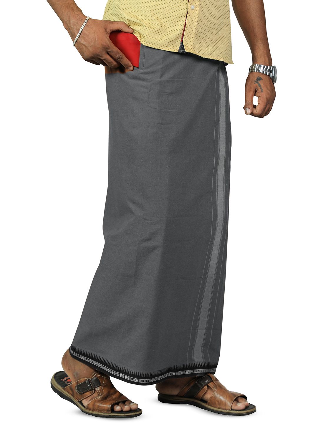 PRAKASAM COTTON Men 2-Way Pocket Flexi Size Adjustable Welcro Dhoti