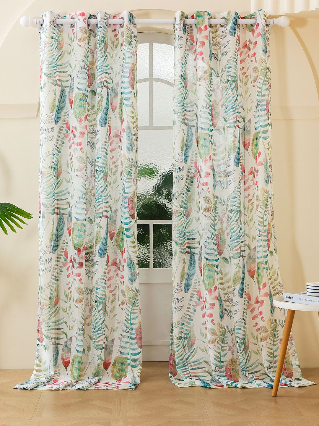 Story@home Story@home Aurum White & Green 2 Pieces Floral Printed Sheer Long Door Curtains