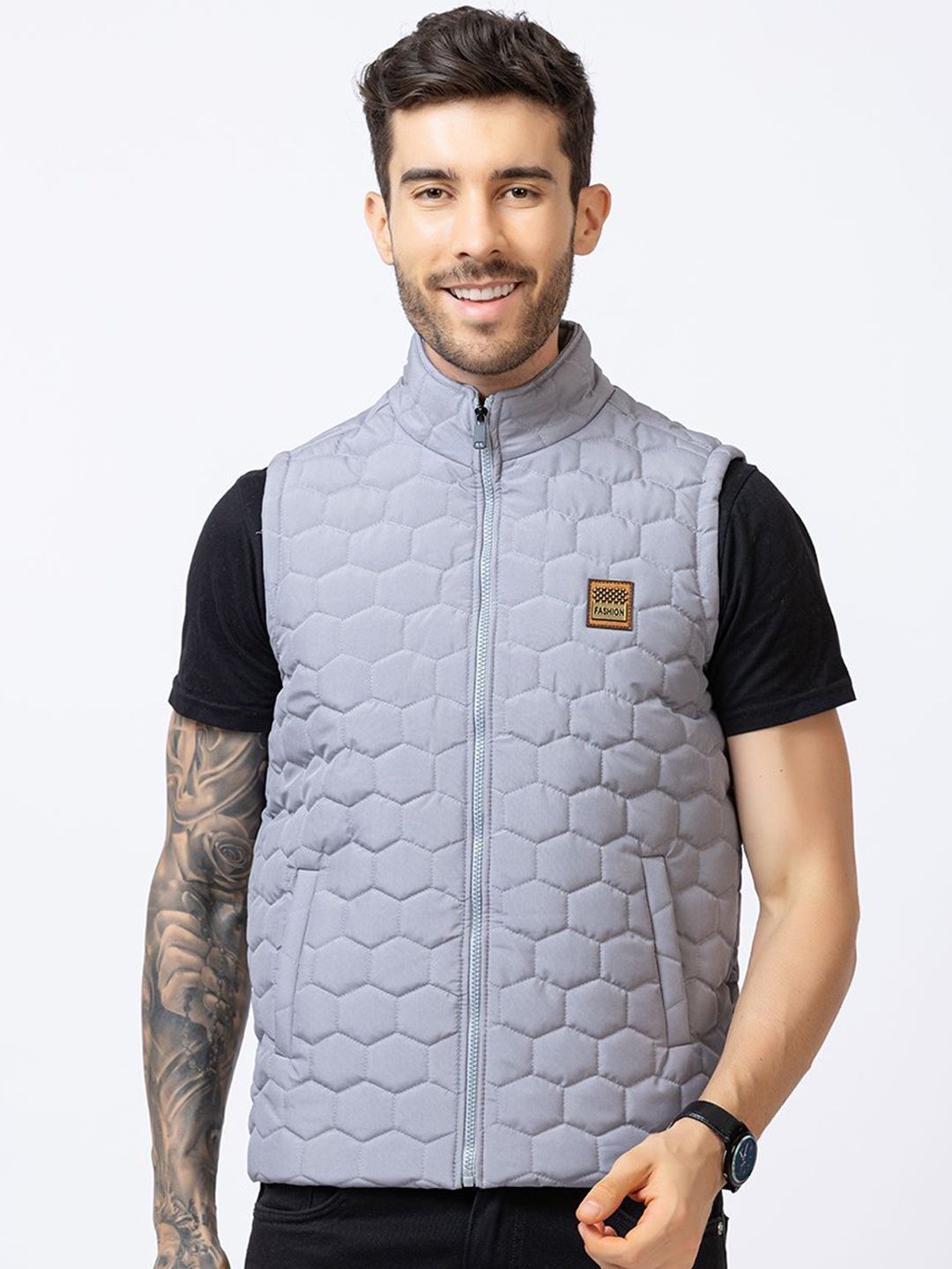 STYLOPLEX Men Stand Collar Self Design Lightweight Gilet Jacket