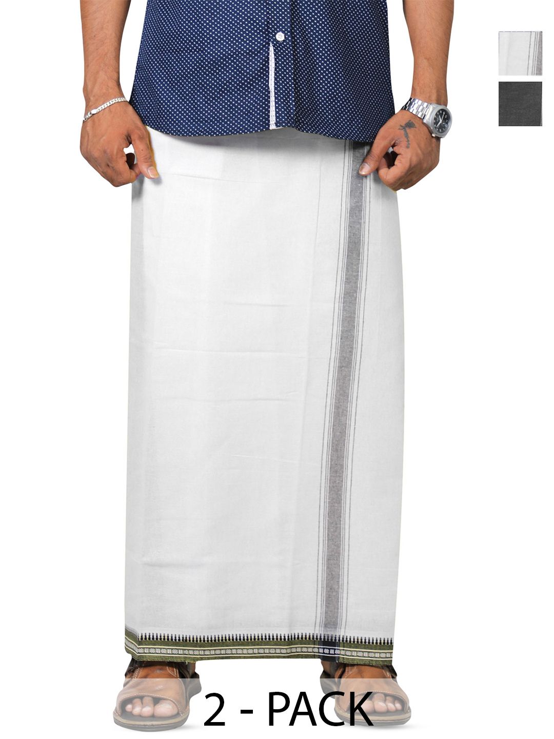 PRAKASAM COTTON Men Selection Of 2 Kerala Style Thalapathi Border Dhoti - 2 mtr