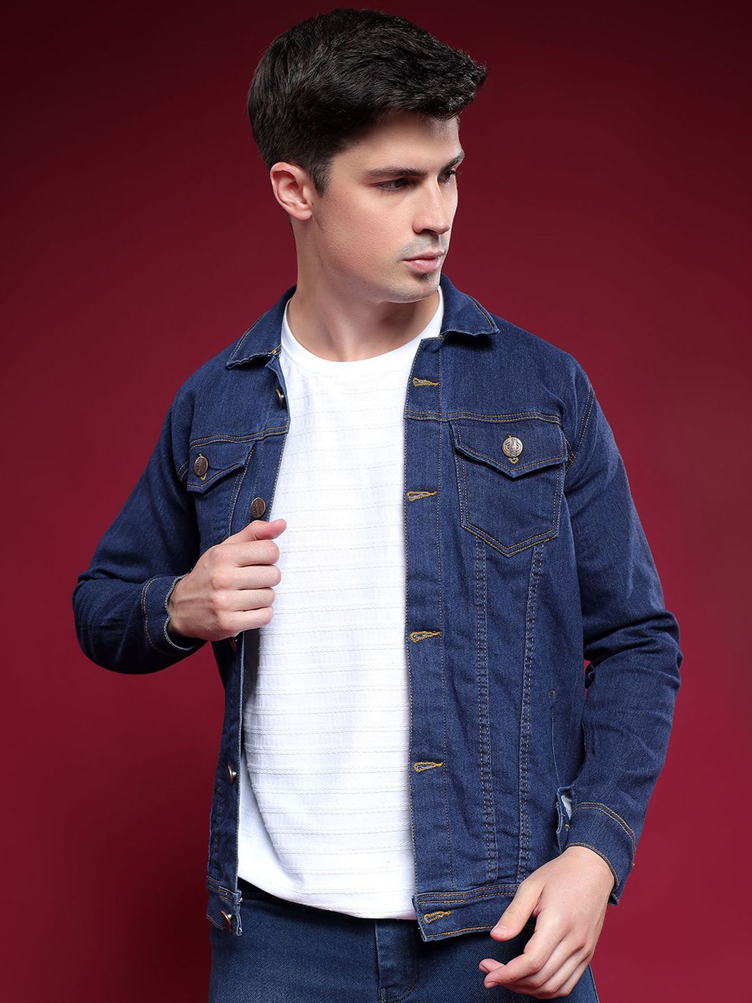 LINARIA Men Spread Collar Solid Denim Jacket
