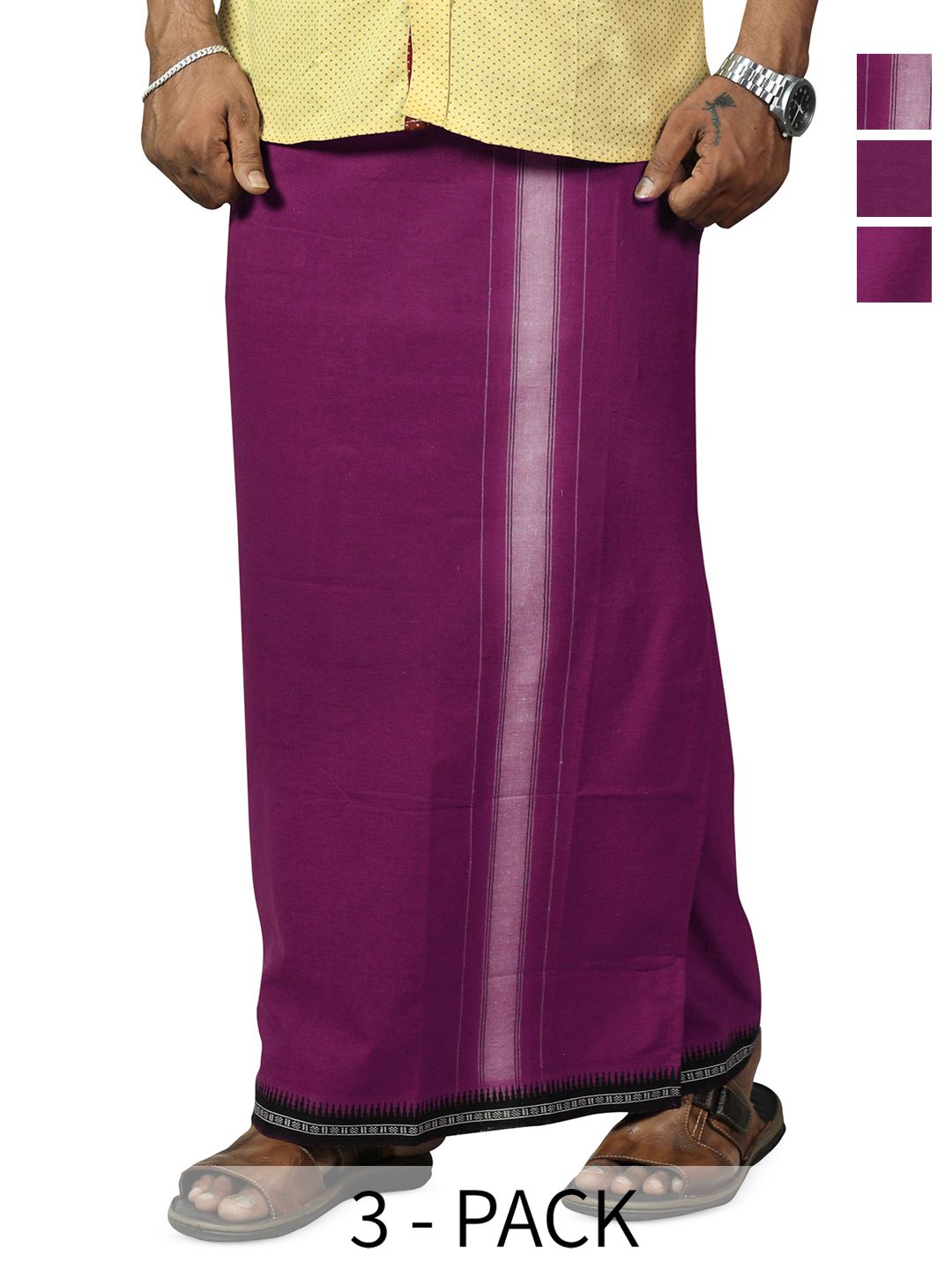 PRAKASAM COTTON Men Selection Of 3 Thalapathi Border Dhoties - 2mtr