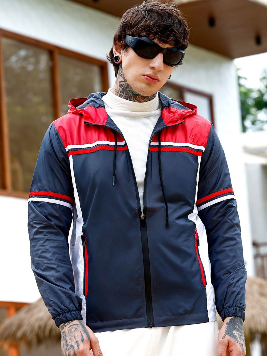 CAHOOT Men Hooded Colourblocked Self Design Lightweight Sporty Jacket