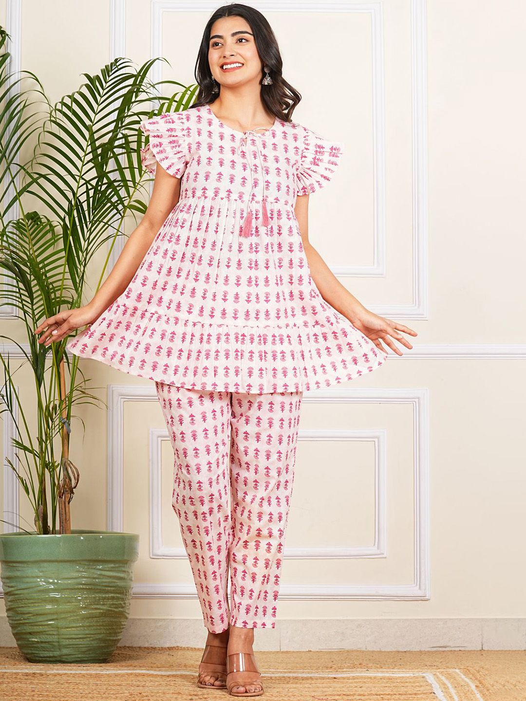 Krati Creations Printed Round Neck Pure Cotton Tunic With Trousers