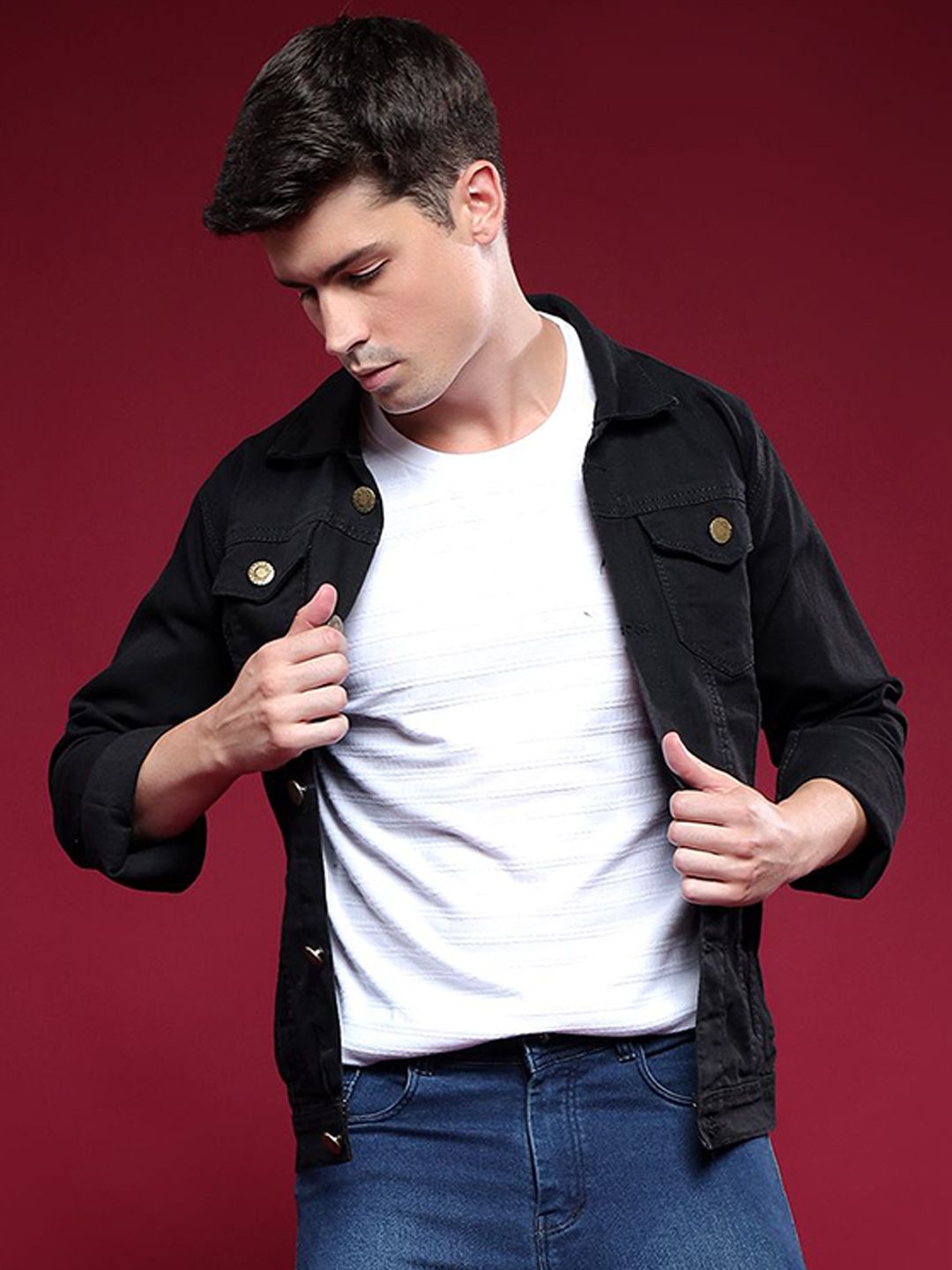 LINARIA Men Spread Collar Solid Denim Jacket